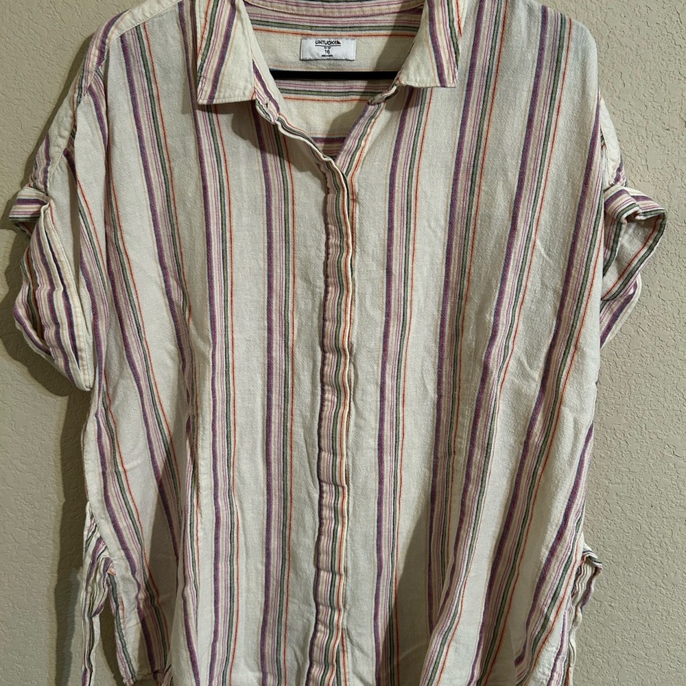 UNTUCKit Cream Button-Down Shirt with Purple & Rust Stripes Summer Linen Viscose